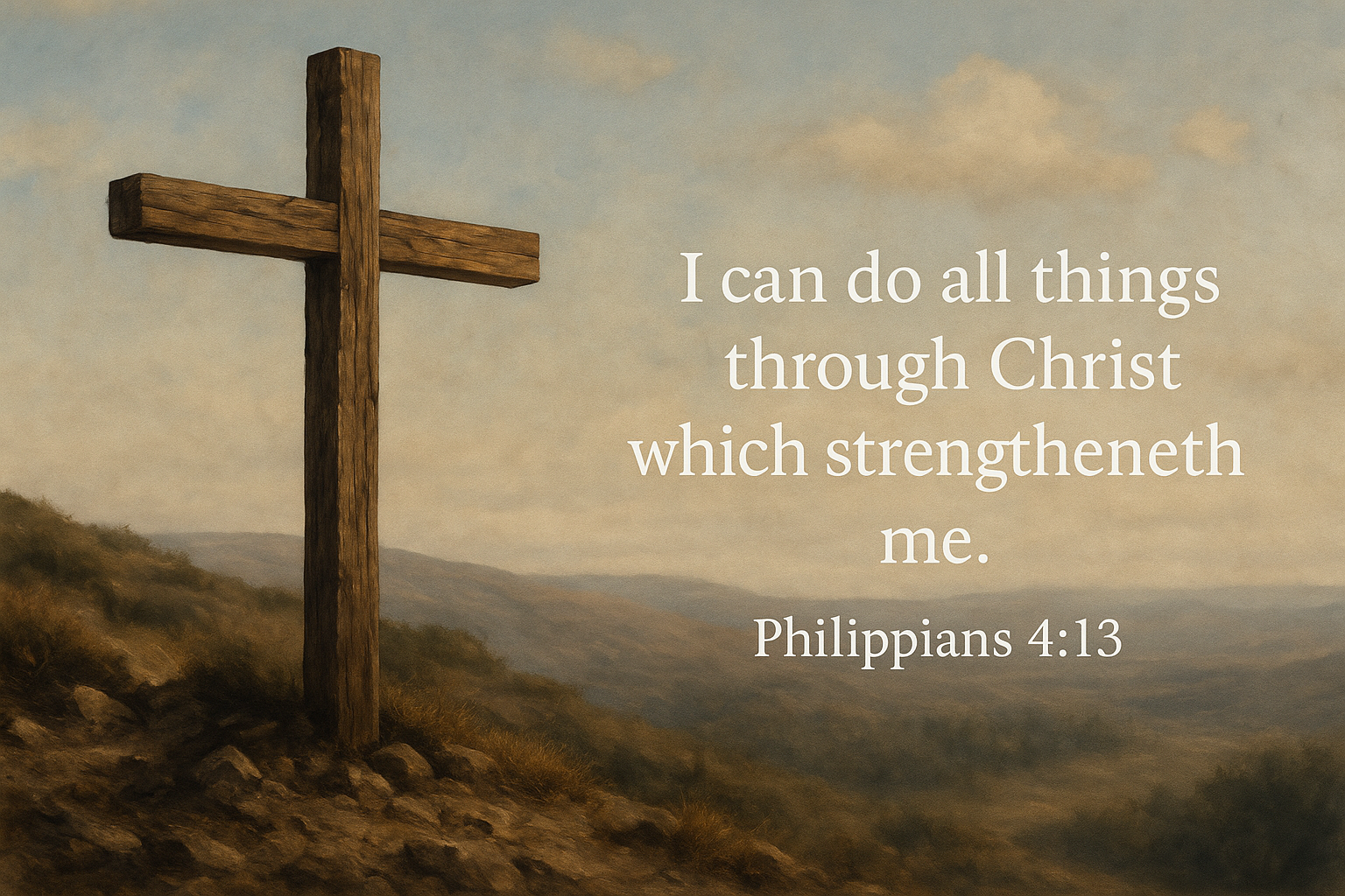A photorealistic image depicting the spiritual themes of Philippians 4:13, featuring natural lighting and symbolic elements that represent biblical truth and faith.