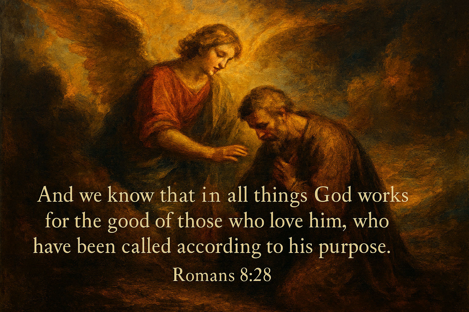 An oil painting in classical religious art style illustrating Romans 8:28, with rich colors and dramatic lighting conveying spiritual depth and meaning.