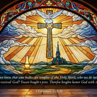 Stained-glass window with a radiant cross and dove, sunburst rays, and a biblical verse at the bottom (1 Corinthians 6:19-20).