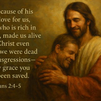 Jesus comforting a person with a gentle embrace; Bible verse text on left reading from Ephesians 2:4-5 about mercy and grace