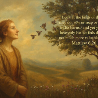 A woman in a brown robe gazes toward a group of birds flying from a tree, with a Bible verse (Matthew 6:26) on the right side of the image.