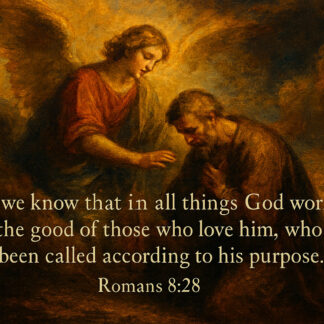 Religious painting of an angel comforting a kneeling man, with the Bible verse Romans 8:28 shown in large text across the bottom.