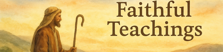 Religious painting of a bearded man in robes with a shepherd's staff at sunset beside the text 'Faithful Teachings'.